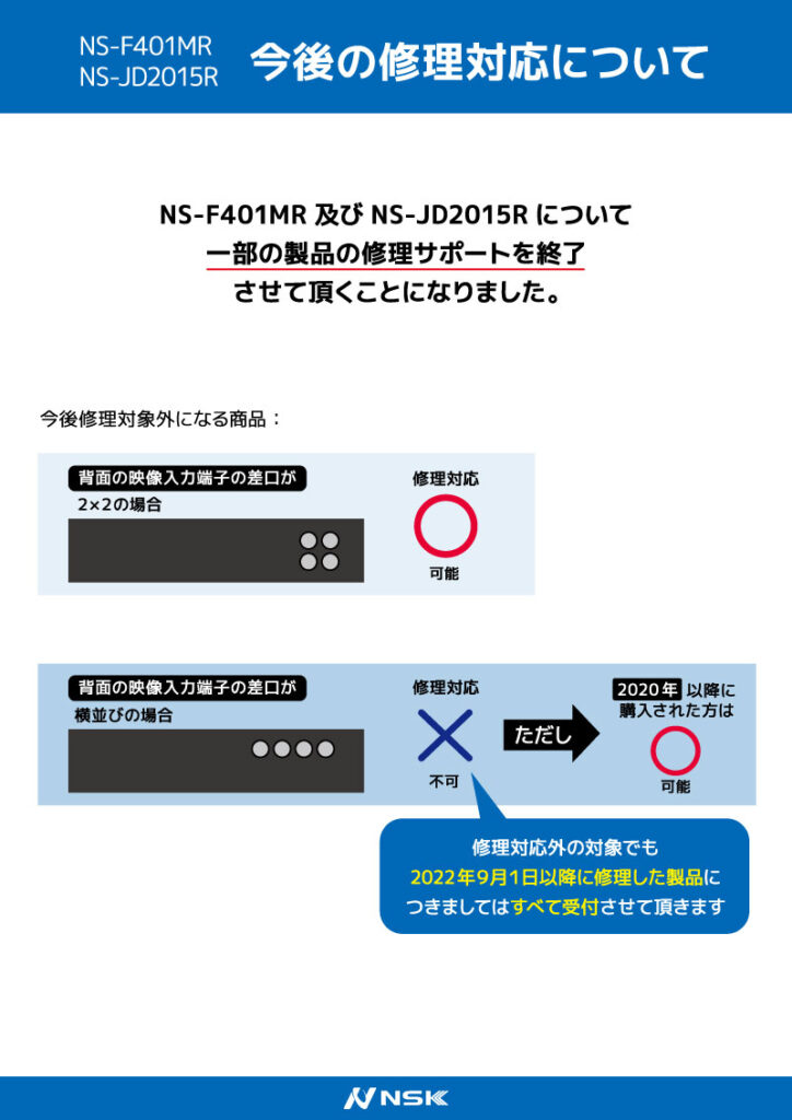 NS-F401MR 及び NS-JD2015Rご使用のお客様へ 製品サポートについてのご 